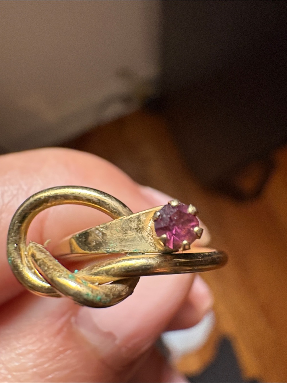 Gold Tone Knot Ring with Pink Gemstone
